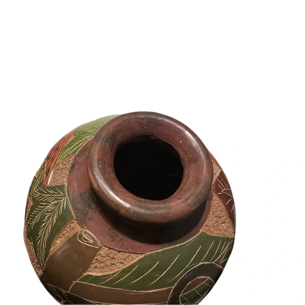 Nicaraguan Art Pottery Vase Hand Carved Monkey Butterfly